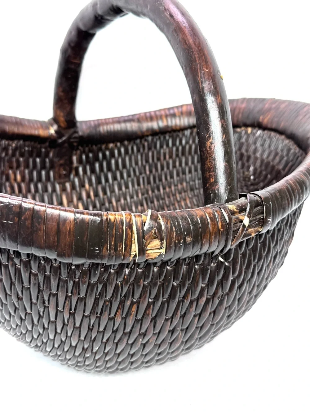 Vintage-Inspired Wicker Basket Brown Willow Large Handwoven One Handle